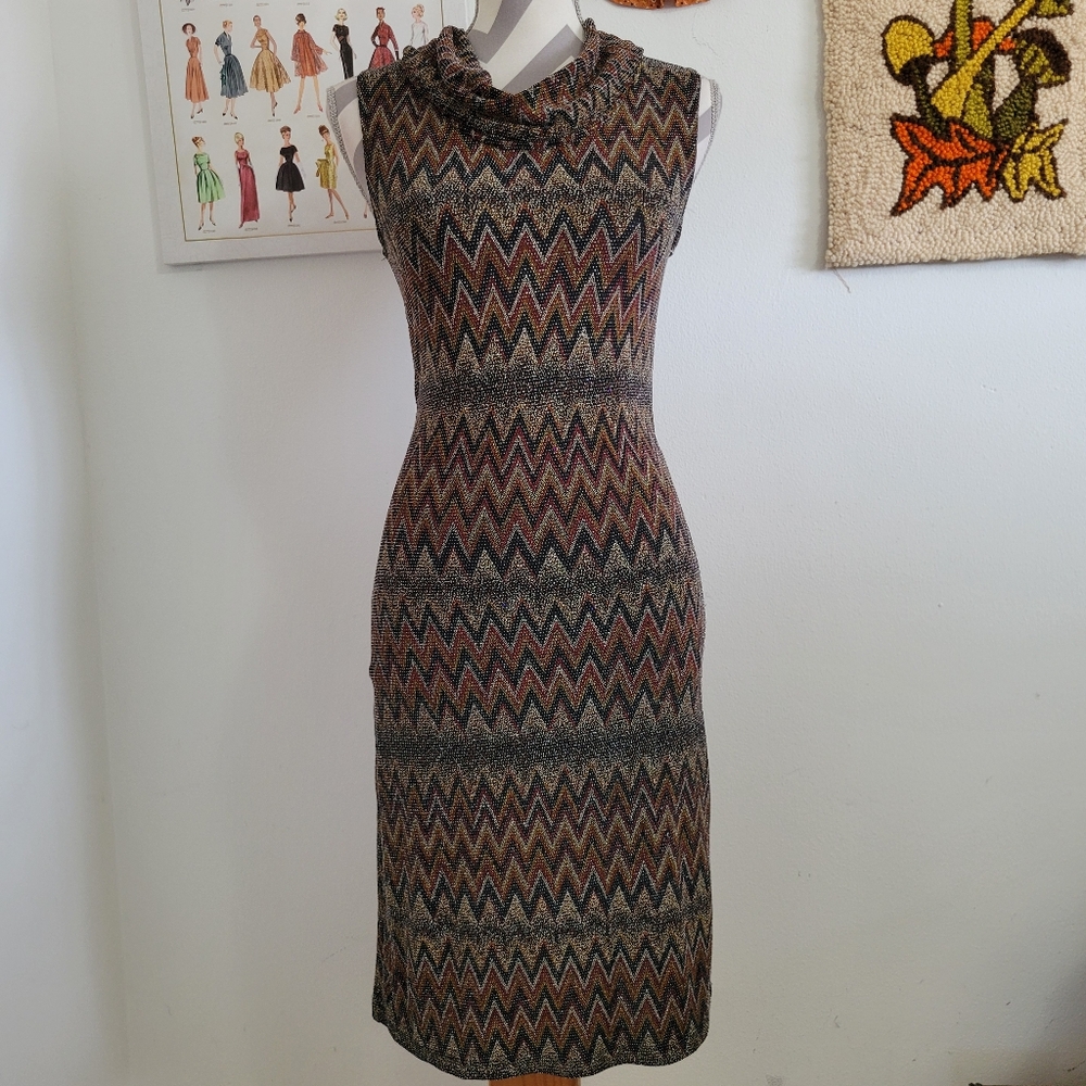 Metallic Multicolor Chevron Striped Tie Waist Dress